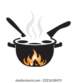 Pans icon in simple style. Cooking in a saucepan with steam, stirring, warm homemade food. Logos isolated on white background.