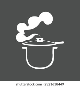 Pans icon in simple style. Cooking in a saucepan with steam, stirring, warm homemade food. Logos isolated on white background.