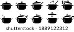 Pans icons set in simple style. Cooking in a saucepan with steam, stirring, warm homemade food. Logos isolated on white background.