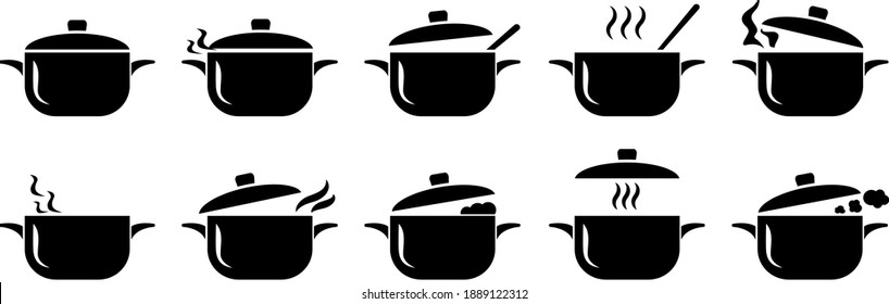 Pans icons set in simple style. Cooking in a saucepan with steam, stirring, warm homemade food. Logos isolated on white background. - Shutterstock ID 1889122312