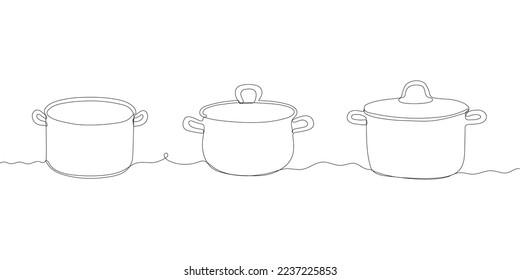 Pans with lids isolated on a white background. Single line drawing of a pan. Hand-drawn design vector illustration. Border