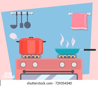Pans on stove, cooking