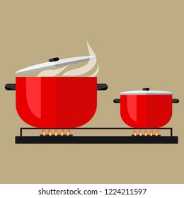 Pans on the stove, cooking. Vector illustration in flat style.