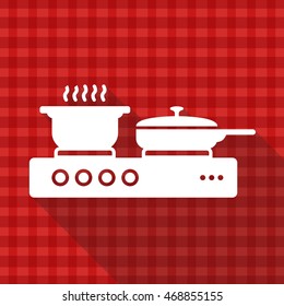 Pans on the stove vector icons on red tablecloth texture with long shadow design 