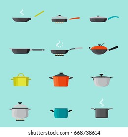 Pans and pots colorful icons set. Skillet, saucepan, for soup, roasting pan, and more cookware for hot food processing. Isolated. Vector.