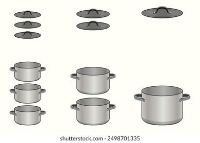 Pans, pots and pans. Kitchen pots and different pans. Large and small pots. Pots and lids. Mathematics. Probability calculations.