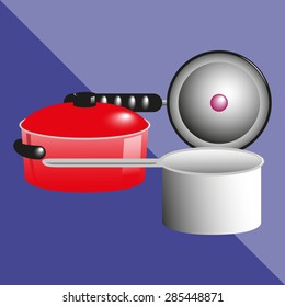 Pans, pots and a kitchen ladle. Kitchen utensils and equipment. Vector icon.