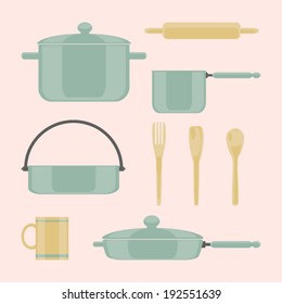 pans, pots, mug and wooden kitchen accessories, stock vector 