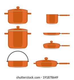 pans and pots, pan for soup pot spaghetti, skillet, a bucket with handle, pot for risotto, pancake frying, frying pan, roasting pan with a lid to extinguish meat and vegetables, copper, icons, vector