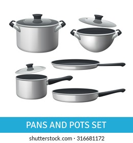  Pans and pots realistic set with frying pan saucepan and bowl isolated vector illustration 