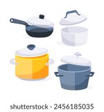 Pans pots and saucepans. Saucepans, frying pans. Kitchen pots