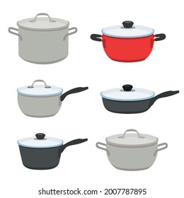 Pans pots and saucepans isolated on white background. Kitchen pan, cartoon kitchenware tools collection for cooking. Vector elements for boiling and frying