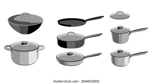 Pans pots and saucepans. Kitchen pan objects, kitchenware tools collection for cooking.  Elements for boiling and frying cartoon vector illustration isolated on white background