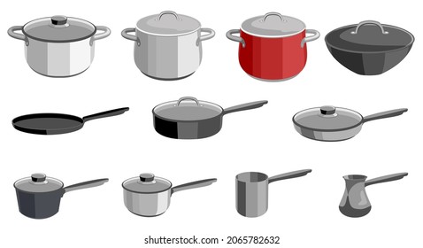 Pans pots and saucepans. Kitchen pan objects, kitchenware tools collection for cooking.  Elements for boiling and frying cartoon vector illustration isolated on white background.