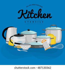 Pans and pots set with frying pan, white saucepan for cooking, bowl metal grater electric kettle.