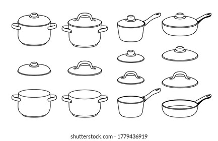 Pans sketch icons. Hand drawn line pan elements for kitchen, black cartoon silhouettes of pots objects, vector illustration of cooking sketched items set isolated on white background