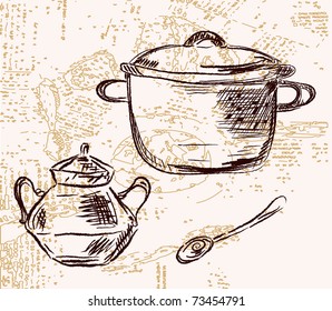 Pans and spoon grunge sketch