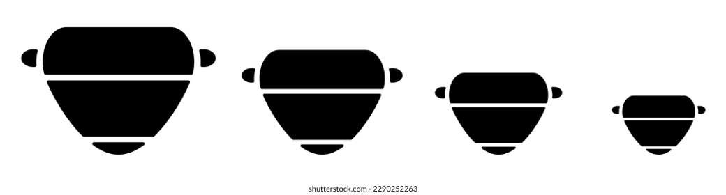 Pans vector set. Set of containers for the kitchen vector. Boiling containers vector. Steaming vector. Icons of kitchen jugs. Pots for baking.