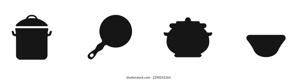 Pans vector set. Set of containers for the kitchen vector. Boiling containers vector. Steaming vector. Icons of kitchen jugs. Pots for baking.