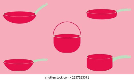 Pans in Viva Magenta Color, Kitchen Tool Collection - Vector Cookware Illustration