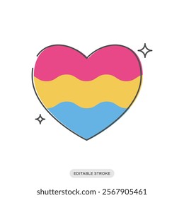 Pansexual icon. Pride love rainbow flags. Heart shaped sticker. LGBT symbol sign.