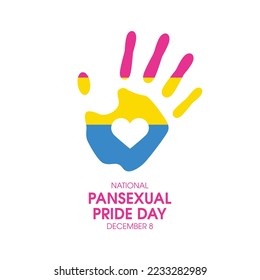 Pansexual Pride Day vector. Pansexual pride flag human handprint vector. Palm print with heart shape icon isolated on a white background. LGBT design element. December 8. Important day