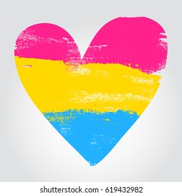 Pansexual pride flag in a form of heart. Brush stroke style. Vector EPS 10