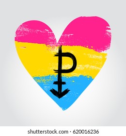 Pansexual pride flag in a form of heart with P symbol. Brush stroke style. Vector EPS 10