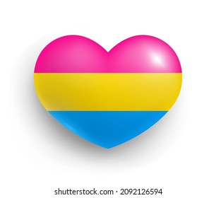 Pansexual pride flag of heart shape glossy badge. Lgbtq flag, official symbol of the community realistic vector illustration. Pride, freedom, rights, love, equality 3d button