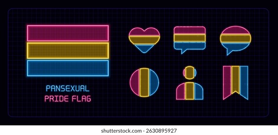 Pansexual bandeira de orgulho ícone definido, neon brilho visuais. Bandeira do mês do orgulho, tema de orientação sexual.