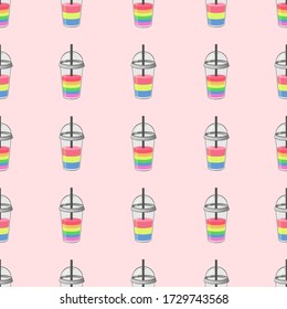 Pansexual seamless pattern. Cute cartoon cups with smoothie colored in pride flags. Rainbow mugs. LGBT background, wrapping paper, fabric textile print
