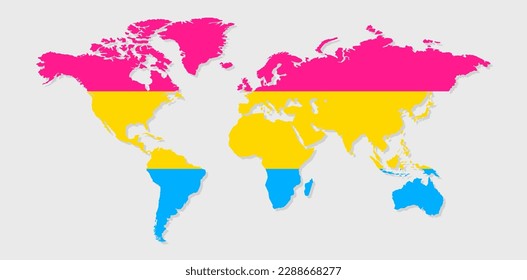 Pansexuality pride flag in a shape of World map. Flag of gay, transgender, bisexual, lesbian etc. Pride concept