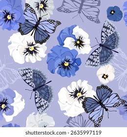 Pansies and butterflies on a blue background. Seamless vector illustration with delicate flowers. For decorating textiles, packaging.
