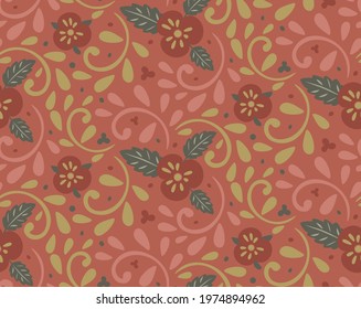 Pansies flower on red background. Seamless pattern. Vector floral bright pattern for wrapping paper, fabric, cloth, cover. Vector illustration.