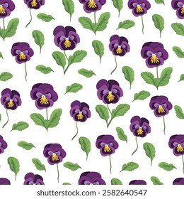 Pansies flower seamless pattern. Vector clipart, illustration with isolated background.