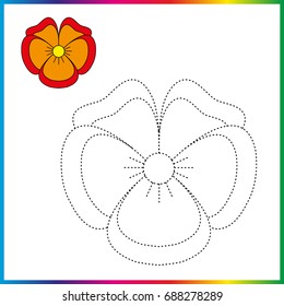 PANSIES  FLOWERS, connect the dots and coloring page. Worksheet - game for kids. Restore dashed line - trace game for children. 