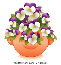 Pansies, Johnny Jump Ups, miniature white and lavender purple garden fresh flowers with buds in clay strawberry planter. EPS8 compatible. 