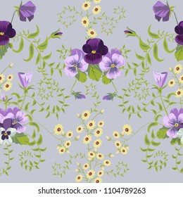 Pansies on a gray background seamless pattern. Pansy flowers