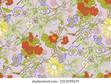 Pansies and other flowers. Seamless pattern. Suitable for fabric, mural, wrapping paper and the like.