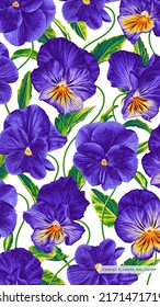 Pansies realistic vector Flowers in botanical background for phone screen saver, desktop, template for posts in social networks. Purple with yellow, blue flowers with lettuce leaves. 