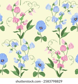 Pansies and sweet pea on a beige background. Seamless vector illustration with delicate flowers. For decorating textiles, packaging.