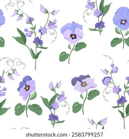 Pansies and sweet pea on a white background. Seamless vector illustration with delicate flowers. For decorating textiles, packaging.