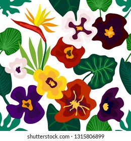 Pansies and violets. Seamless vector pattern with orchids, palm leaves and other plants. Aloha textile collection. On white background.