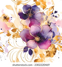 Pansies. Watercolor beautiful blossom pansy flowers seamless pattern. Dirty watercolor background. Hand drawn paint blooming pansies flowers, leaves. Modern artistic botanical arrangement of flowers.