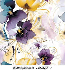 Pansies. Watercolor blossom pansy flowers seamless pattern. Dirty watercolor background. Hand drawn paint blooming pansies flowers, leaves, spots. Modern artistic botanical arrangement of flowers.