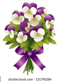 Pansy Bouquet. Johnny Jump Ups, miniature white and lavender purple Spring garden flowers, satin ribbon bow. Isolated on white background. EPS8 compatible. 