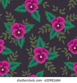 Pansy embroidered. Viola Embroidery Seamless Pattern. Floral Ornamental Fashion print. Traditional Folk Decoration for Fabric. Vector illustration