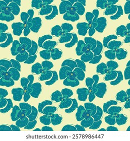 Pansy floral abstract pattern, line drawing, Teal hues, Elegant seamless pattern with decorative pansy flowers, Abstract stylized design elements. Floral pattern for wedding invitations, greeting card