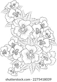 Pansy flower coloring  book hand drawn botanical spring elements bouquet pansy flower line art  coloring page  vector sketch  artistic simplicity doodle art  Easy yellow pansy flower drawing 