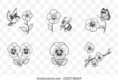 Pansy Flower Line Art Vector Set Detailed Botanical Illustrations of Pansies for Design and Decoration Projects